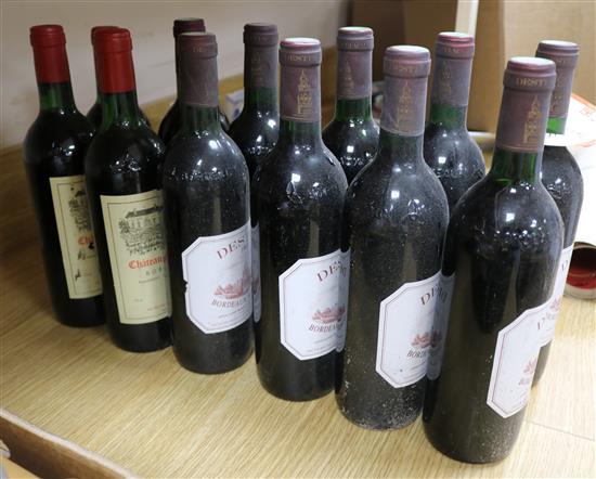 Eight bottles of Destiac, Bordeaux Superieur, 1985 and four other red wines.